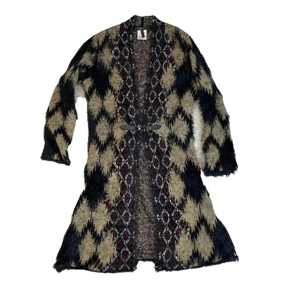 BCBGMaxAzria Tan, Black & Burgundy Patterned Long Cardigan